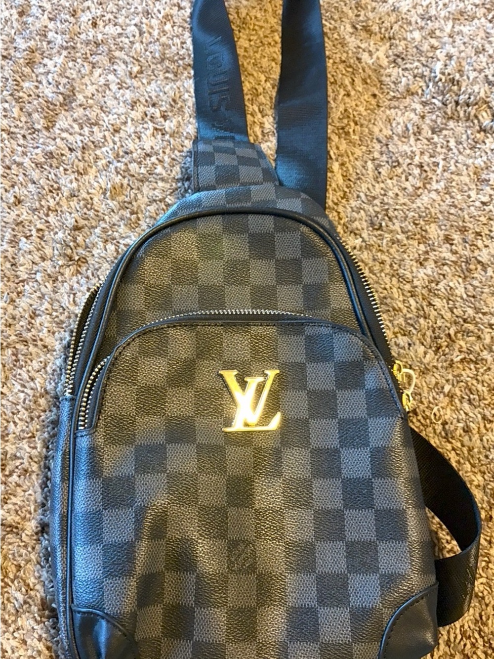 Black Checkered Leather Sling Bag with Gold Accent “Designer Inspired”